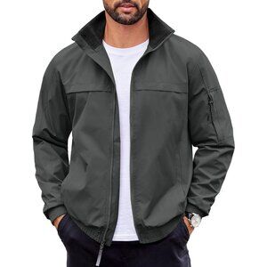 Men's Gray Bomber Jackets Coat Lightweight Stand Collar Softshell Zip Up Pocket